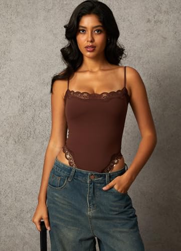 Navneet Women Sexy Lace Bodysuit Lace Trim High Cut Thong Spaghetti Strap Cami Bodysuit Going Out Tank Tops Body Suit3