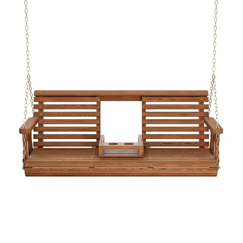 Image of Porchgate Amish Heavy Duty Console Porch Swing with Fold Down Cup Holders in Oak Stain - Amish Made in The USA from Treated Pine, Hanging Chains Included