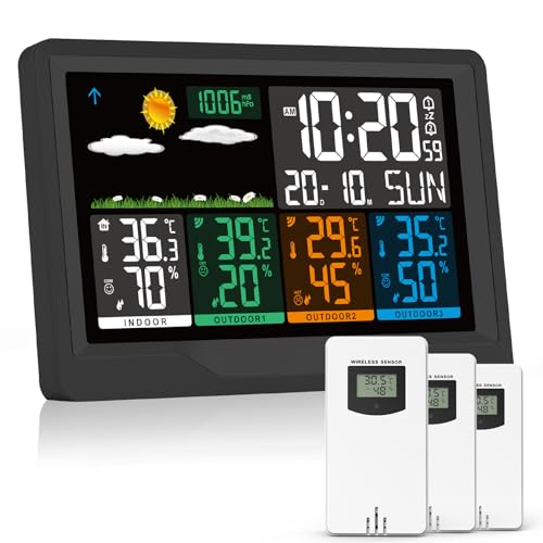 Qxmcov Estación Meteorológica con 3 Sensores, Estacion Meteorologica Interior Exterior, Higrómetro Termómetro Digital, Pantalla LCD Color, Monitor de Temperatura y Humedad para Casa y Oficina