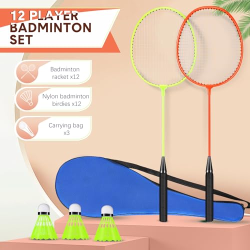 Image of 12 Pack Badminton Rackets Set Including Badminton Racquets, Nylon Shuttlecocks and Carry Bag for Outdoor Backyard Games Beginners