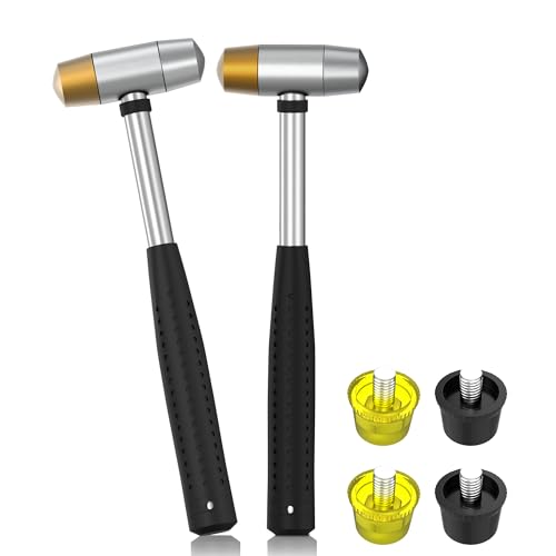 Image of Small Brass Hammer with 4 Interchangeable 1-Inch Heads: Brass, Nylon, Aluminum, Rubber, Hammer Mallet for Jewelry, DIY Projects and More (2 Pack)