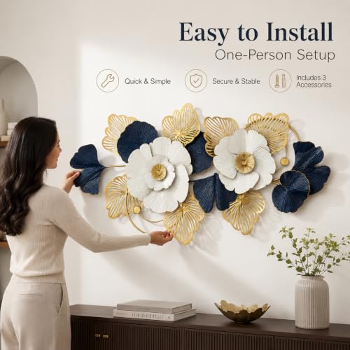 BIOGRN 3D Floral Metal Wall Art, 51"x24" Large Horizontal Metal Wall Decor - Image 3