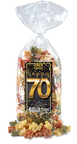 Bull & Bear Pasta Präsent Happy 70 bunte Zahl-Nudeln 250g, Motivnudeln handgefertigt, witziges Geschenk zum Geburtstag… Cover