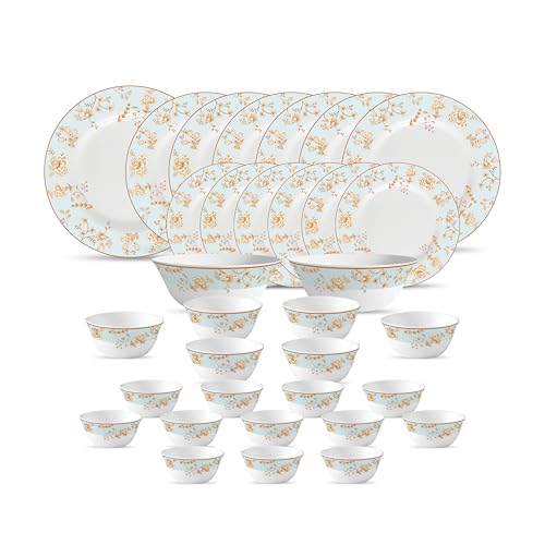 Image of La Opala Diva Sovrana Collection Opal Glass Crockery | for Family of 6 | Dinner Set 33 pcs Medusa Gold | Plates & Bowls for Dining | Microwave Safe | 100% Vegetarian | Extra Strong | Light & White