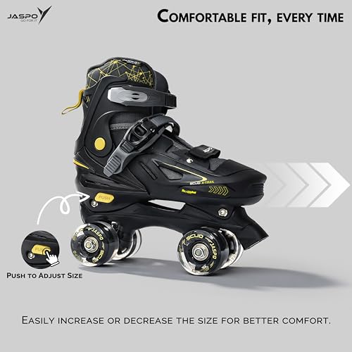 Image of Jaspo Scud X Trail Roller Skates Combo with Helmet and Knee, Elbow, Wrist Guard, Professional Outdoor Indoor Quad-Skates for Kids & Adults, Adjustable Roller Skates with 4 Shiny Wheels (Black, Large)