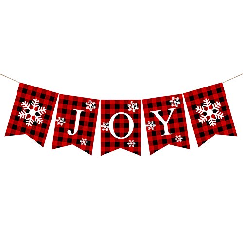 Plaid Christmas Joy Banner Cotton Burlap Christmas Rustic Bunting Banner for Christmas Hanging Decor - //coolthings.us