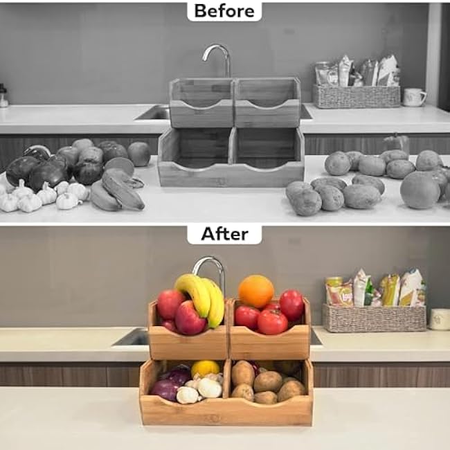 HOMESTEAD Bamboo Pantry Storage Bins - Stackable Baskets, Potato and Onion Storage for Pantry Organization, Set 3 Pieces