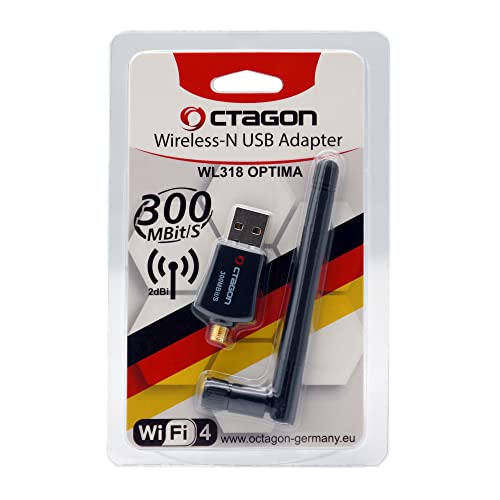 Octagon WL318 Optima WLAN 300 Mbit/s +2dBi Antenne USB 2.0 Adapter mit 2.4 GHz Band, VU+, Gigablue, Protek und weitere Sat-Receiver mit Linux E2 OS und Computer, schwarz