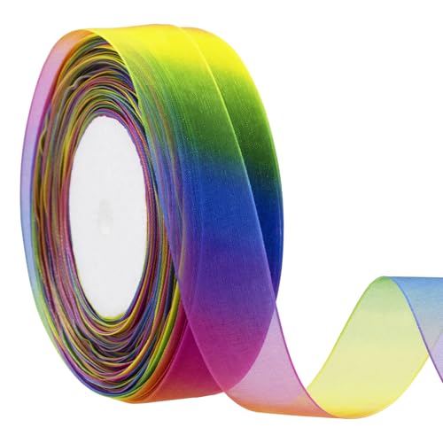 Zerofy Rainbow Sheer Organza Ribbon 1 Inch Chiffon Ribbons for Gift Wrapping Flower Bouquet 50 Yards/Roll