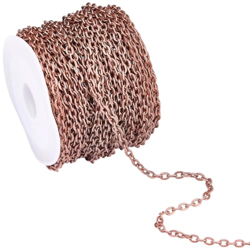 BEAMARKER 32.8ft/10m Chaîne de Câble de Bijoux Chaîne de Fabrication de Bijoux Rouleau avec Bobine Non Soudé 4 x 2.7mm Fer Plat Ovale Bordure Or Rose Connecteur Anneau de Connexion pour Collier Bracel