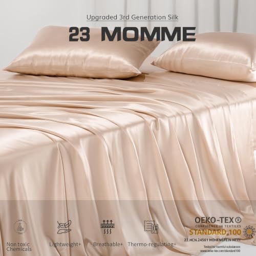 Image of PROMEED 100% 23 Momme Mulberry Silk Sheets Queen Set 4pcs, Champagne