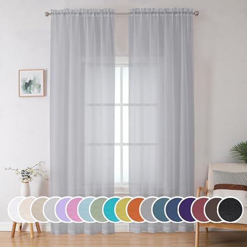 Image of OWENIE Light Grey Sheer Curtains 90 Inches Long for Living Room 2 Panels Set, Soft Solid Living Room Sheer Curtains for Bedroom, Rod Pocket Light Filtering Farmhouse Curtains, 42 inch Wx90 L