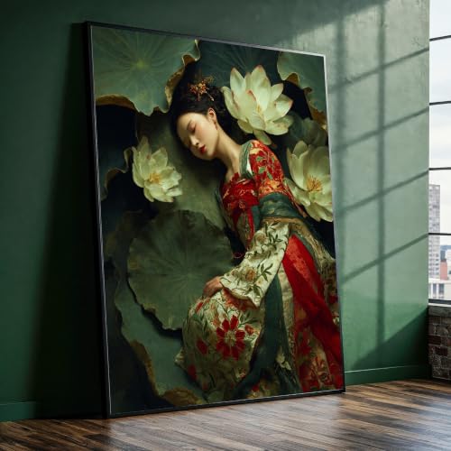 Toile femme asiatique traditionnelle et lotus pour sublimer votre intérieur