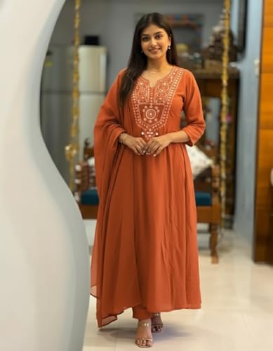 Image of ANNI Designer Women Viscose Embroidered Anarkali Kurta with Palazzo and Dupatta | Ladies Kurta Palazzo Dupatta Set | Ethnic Wear Indian Traditional Clothing for Women