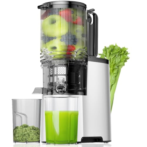 Image of EanOruus Cold Press Juicer, 5.8 inch Wide Feed Chute Juice Extractor Machine with 400W, High Juice Yield, Slow Masticating Juicer for Whole Vegetables & Fruits, Silver