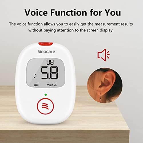 Blood Glucose Monitor SINOCARE Safe AQ VOICE Kit mmol/L + 25 Long Expiration Test Strips & Lancets + Sinodraw Lancing Device + Diabetic Sharps Bin NHS Approved Blood Sugar Machine Home Diabetic Watch