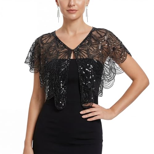 1920s Shawl Wraps for Women Sequin Beaded Evening Cape Bridal Shawls Flapper Cover Up for Evening Dresses Party