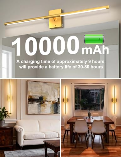 Image of Battery Operated Wall Sconces Set of 2: 10000mAh Rechargeable Wall Lights with Remote, 360 Rotate 3000K-6000K LED Wireless Wall Light Fixtures Decor for Bedroom Living Room Hallway Picture Lighting