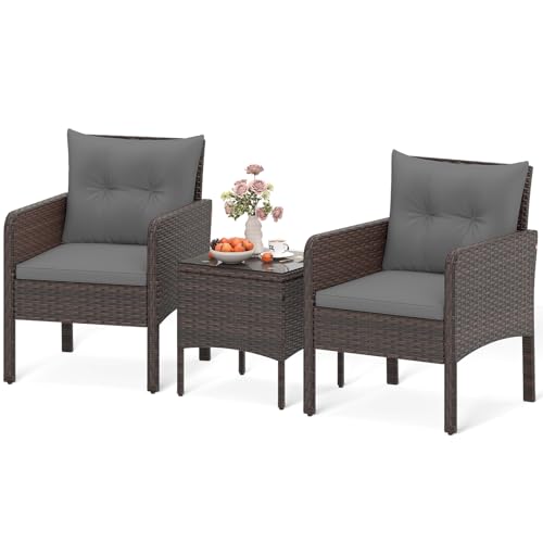 HAPPYGRILL 3 Piece Patio Bistro Set Rattan Wicker Outdoor Conversation Set with Cushions and Coffee Table, Outside Furniture with Rattan Chairs for Porch, Balcony, Deck and Garden (Gray)