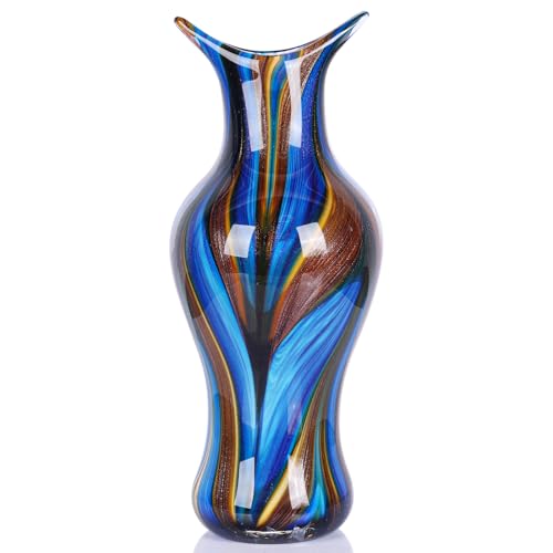 Hand Blown Glass Vase for Flowers, Murano Style Swirl Art Decorative Glass Vases for Home Decor, Wedding Table Centerpiece for Bookshelf & Dining Table