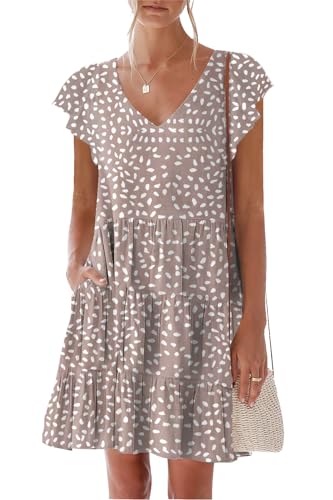 Image of nclook Womens Summer Casual Dresses Sweet Cute V Neck Mini Dress with Pockets Ruffle Short Sleeve