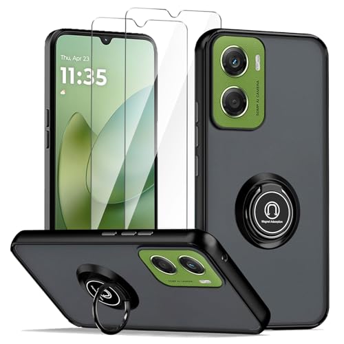 LYZXMY Funda para Motorola Moto G06 4G Negro con Soporte Anular + 2 Protectores de Pantalla de Vidrio Templado, Carcasa de Teléfono Antigolpes y Antiarañazos de PC + TPU