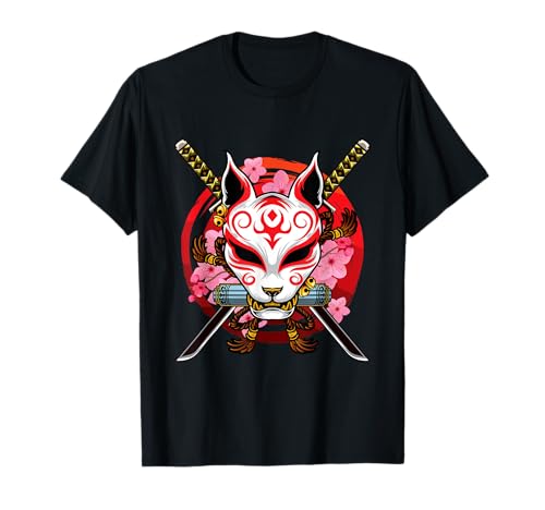 Máscara japonesa Kitsune Fox Espadas Samurai Flor de Cerezo Camiseta