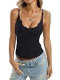EasyGala Womens Cotton Camisole Lace V Neck Tank Top Adjustable Spaghetti Strap Tops Backless Sexy Low Cut Slim Fitted Cami Summer Going Out Y2K Shirts Trendy Sleeveless Clothes True Black M