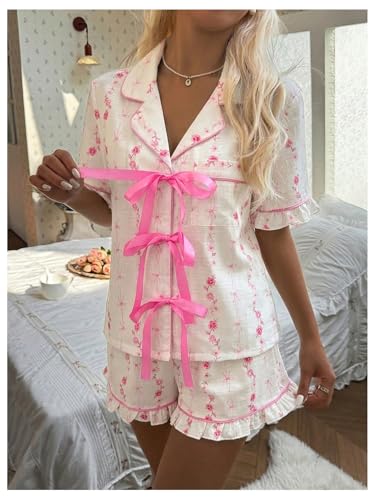 Image of Floerns Women's Floral Pajamas Notch Collar Print Sleepwear Two Piece Pajama Set
