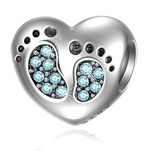 Bracelet Baby Footprints Charms – 925 Sterling Silver Pendant, Heart Birthstone plated Crystals – Mini Beads Fit Charm Bracelets, Necklaces, and European Snake Chains, Gift to New Mom and Child.