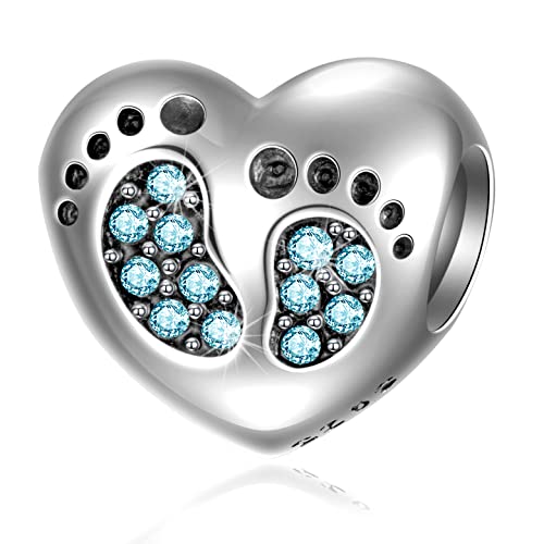 Footprint Heart Charm with October Birthstone for Pandora Mother Day Bracelets - 925 Sterling Silver Mom Love Daughter Pink Feet Beads