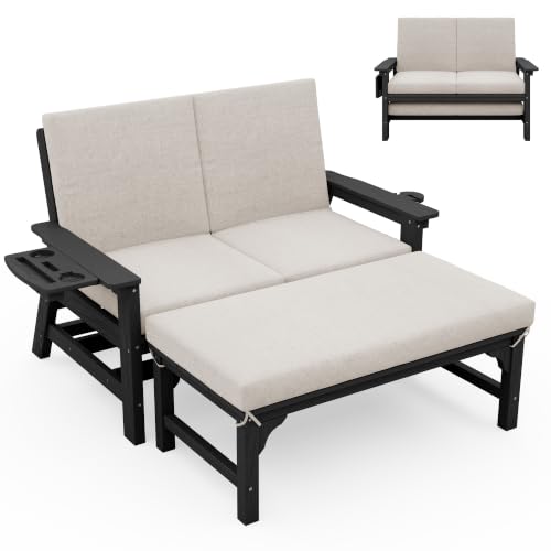 Image of SERWALL 2-in-1 Convertible Sofa Daybed with Cushions & Ottoman Table Set | HDPE 4-Position Reclining Outdoor Patio Lounge Chair, 4-in-1 Cup Holder Daybed Sofa Furniture, Black Frame with Khaki Cushion