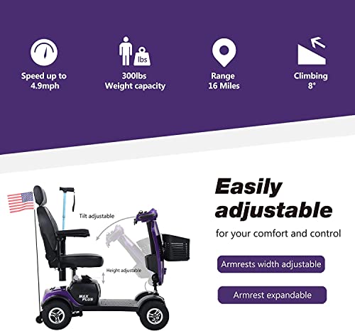 Electric Powered Mobility Scooter For Seniors & Adults-300 Lbs Max Weight,Electromagnetic Braking,Pneumatic Tires,Foldable,With Crutch Box (Purple (Max Plus)) #TOP4