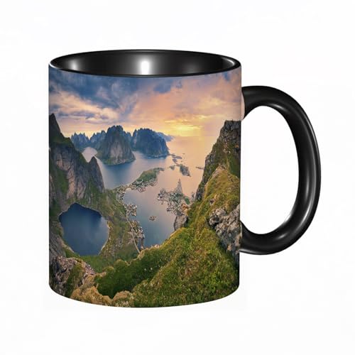 HRRASFAZF Tasse à Café | Tasse Céramique Fine | Cadeau Original | 330ml | Mug avec Anse | Cadeau Original pour Homme et Femme | Norvège. Vue depuis Reinebringen sur les îles Lofoten situées en Norvèg