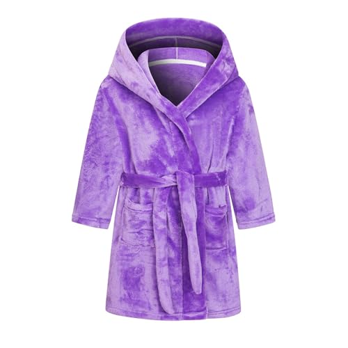Bata de baño de franela para niños y niñas con bolsillos para cinturón, felpa mullida, suave, con capucha, para niños, liso, cálido, abrigo de invierno, ropa de descanso, bata de baño, Morado (, 3-4
