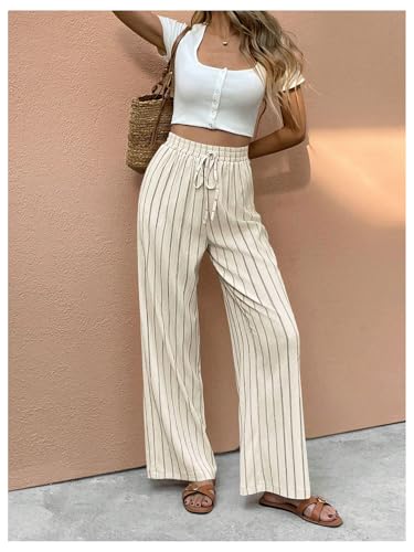 Women's Striped Straight Leg Pants Drawstring High Waisted Vacation Trouers Casual Lounge Pants4