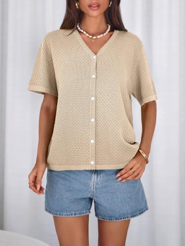Image of NALANISA Women's Short Sleeve Sweater Spring Summer Crochet Knit Tops 2026 V Neck Striped Button Down Dressy Casual Blouses