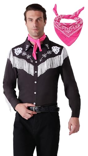 Maxim Party Supplies Western Fringe Shirt Cowboy Costume for Men, 80s 90s Retro Long Sleeve Shirt with Pink Scarf, Embroidered Print for Halloween (Medium)