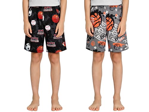 Tebbis Boys Pajama Shorts - 2 Pack Summer Lounge Bottoms with Pockets, Basketball&Football Kids&Teen Loungewear Size 8