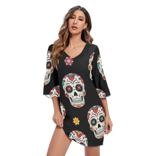 Robe d'été imprimée sugar skull en mousseline fleurie à col en V pour femme