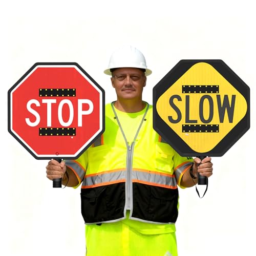 18" Handheld Stop-Slow Paddle with Built-in Battery, 3 Modes LED Reflective Traffic Control Sign for Construction, School Crossings – High Visibility, Portable, 3M engineering Grade Reflective Film - Flashing/Steady/Off Modes