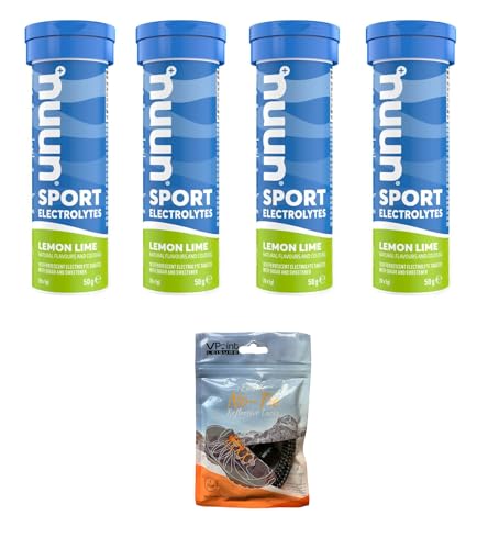 NUUN Sport Electrolytes Hydration Tablets - 4 Tubes of Electrolyte Tabs (40 Total Tablets) Bundled with A Pack of Elastic No-tie Reflective Shoe Laces (Lemon Lime)