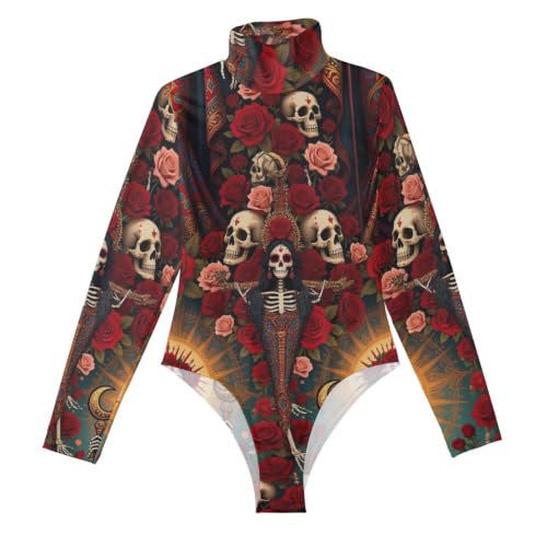 Body de manga larga para mujer La Santa Muerte con cuello alto y ajuste sexy