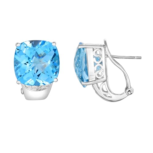 925 Sterling Silver 14mm Genuine Blue Topaz Diamond Accent Earrings, Cushion Cut