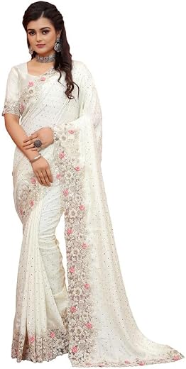 Manu Fashion Era Cream Heavy Sequence Coding Embroidered Border Work Satin Silk Saree Sari For Women and Girls with Attach...