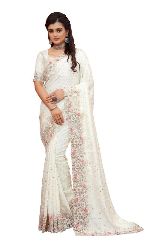 Manu Fashion Era Cream Heavy Sequence Coding Embroidered Border Work Satin Silk Saree Sari For Women and Girls with Attach... - Review, Price and Buying Guide