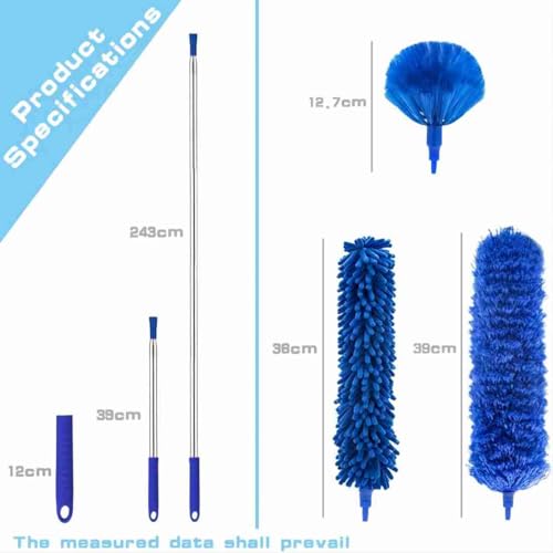 Cobweb Duster with Extension Pole, Washable Cleaning Duster Kit with 3 Duster Heads, Cobweb Duster, Corner Brush, 15-100 Inch Long Aluminum Telescoping Pole for Ceiling Fan (Blue)