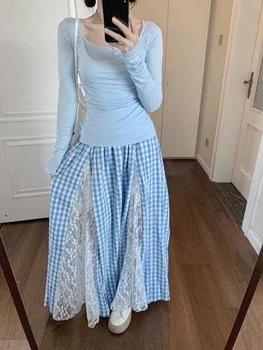 Women's Summer Plaid Maxi Skirt Lace Flowy Skirt Elastic Waist Pleated Long Skirts4