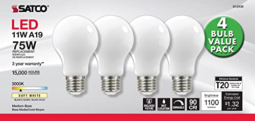 Image of Satco S12439, A19 LED Light Bulbs, 75W Replacement, 3000K, 4-Pack, LED Lamp | Dimmable, 320 beam spread, E26 medium base, 15,000-hour life, Warm white illumination