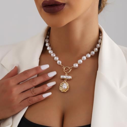 Dainty Vintage Pearls Clasp Necklace for Women, Geometric Pendant Necklaces Stacking Beaded Pearls Ball Chain Choker Necklaces Gifts for Her3